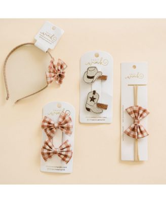 Girls Gingham Printed Tulle Bow Clip Set