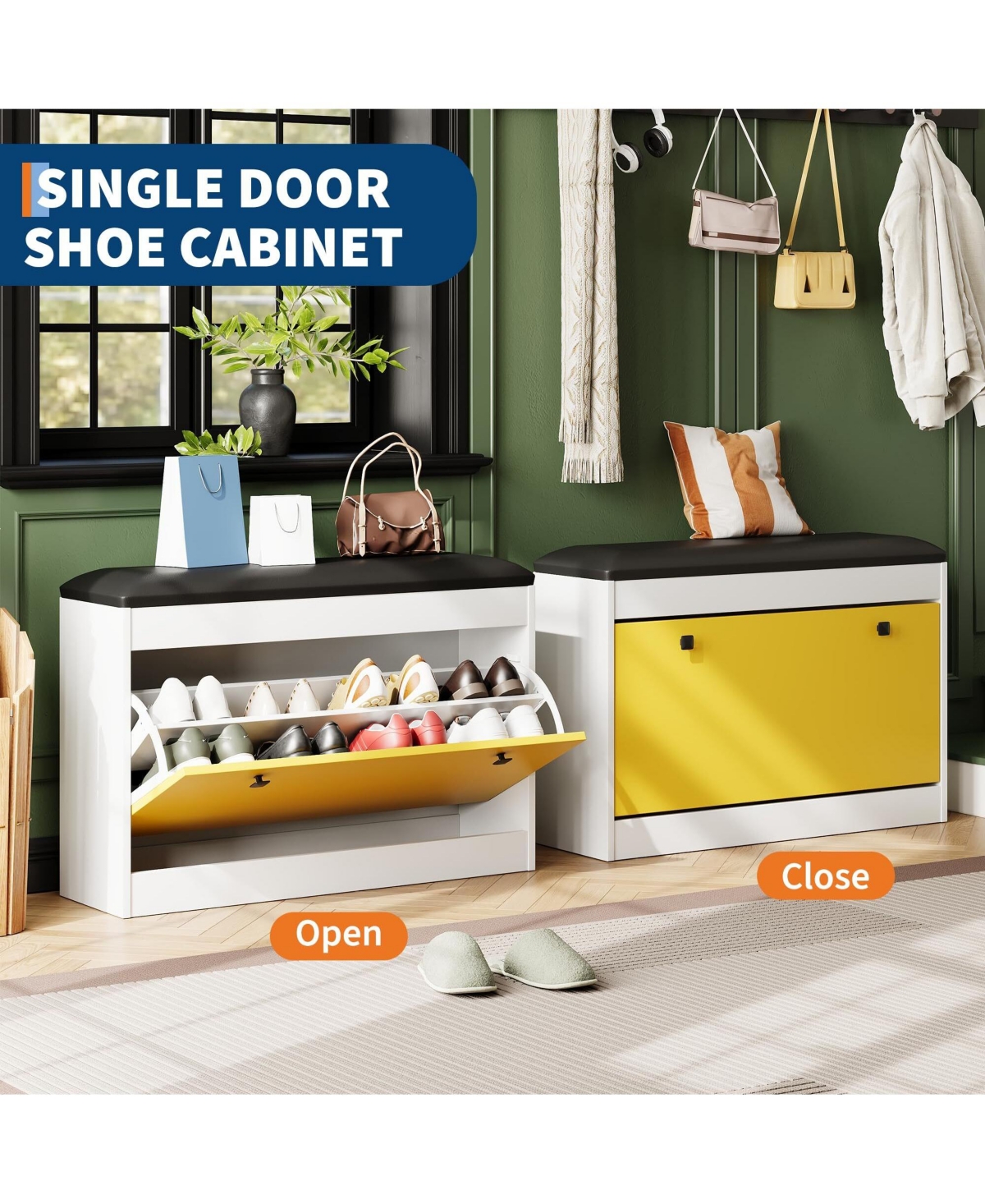 gaomon 31.5" Shoe Storage Bench, Modern Entryway Shoe Cabinets with Flip Drawer & Pu Cushion, White Shoe Organizer Cabinet for Entryway, Hallway, Bedr