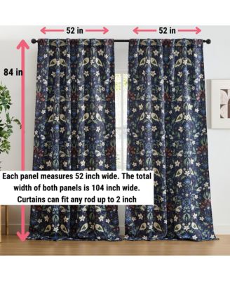 Florence Floral & Birds Patterned Window Back Tab Rod Pocket Curtains Bedroom - Light Blocking Darkening Window Panels, Set of 2