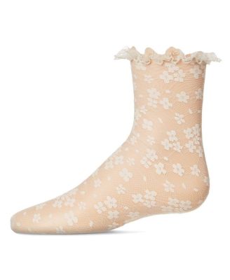 Memoi Little Girls Lace-Trim Lettuce-Edge Floral Net Ankle Sock - Winter white