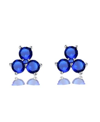 White Gold Plated with Clear Cubic Zirconia Blue Three Stone Stud Earrings