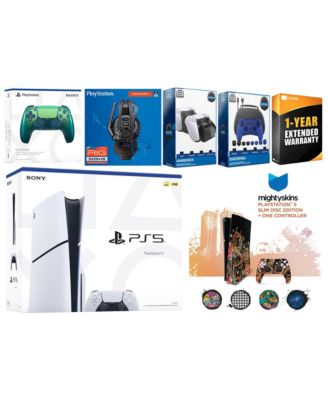 Playstation 5 Slim Disc with Extra Starlight Blue Controller, Plantronics Headset, Gamer Kit, Charge Dock and MightySkins Decal Voucher + 1 Year