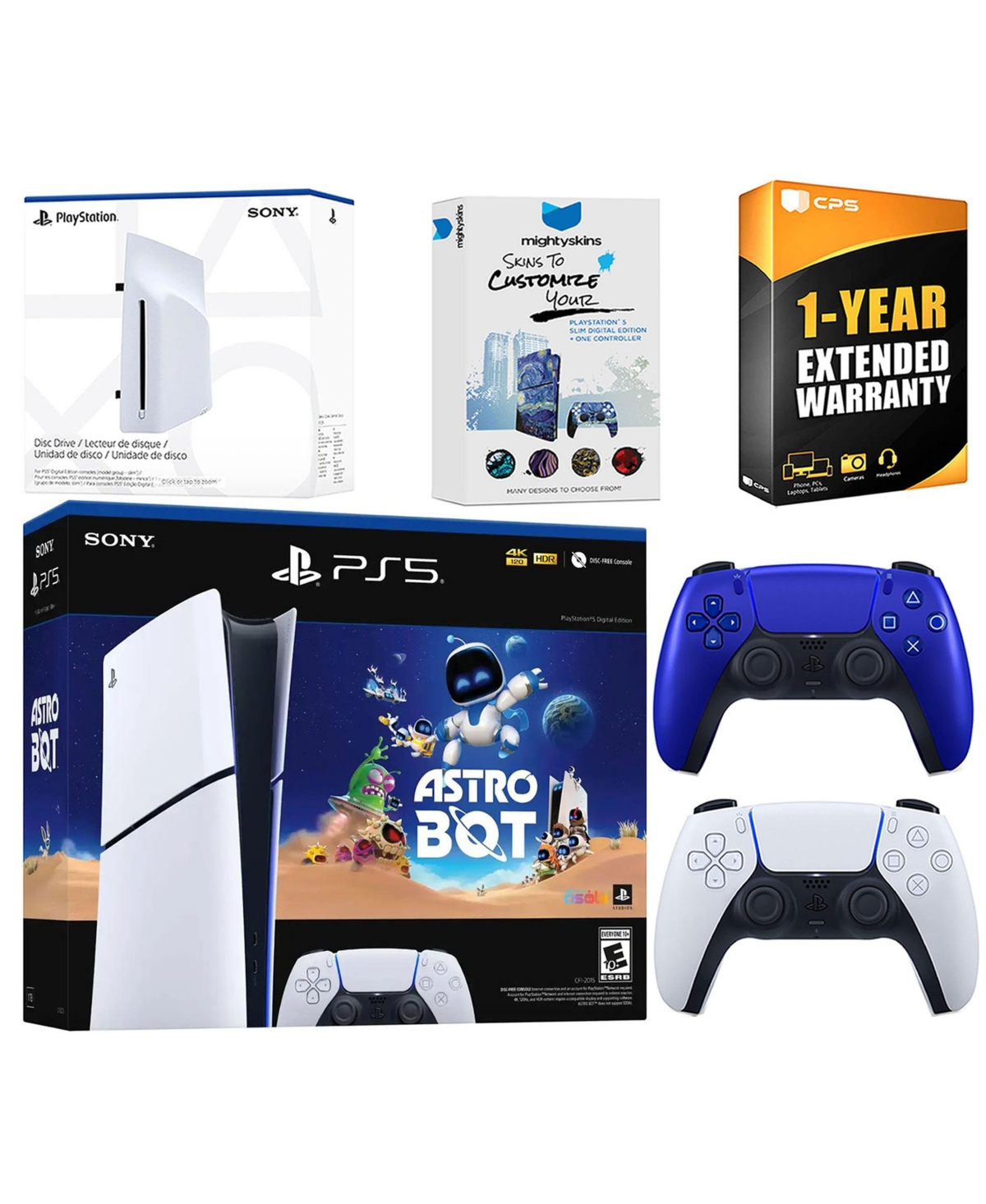 Sony PlayStation 5 Astro Bot Slim Digital Bundle with Disc Drive, Extra Controller, MightySkins Voucher and 1 Year Extended Warranty - Chroma Pearl - 