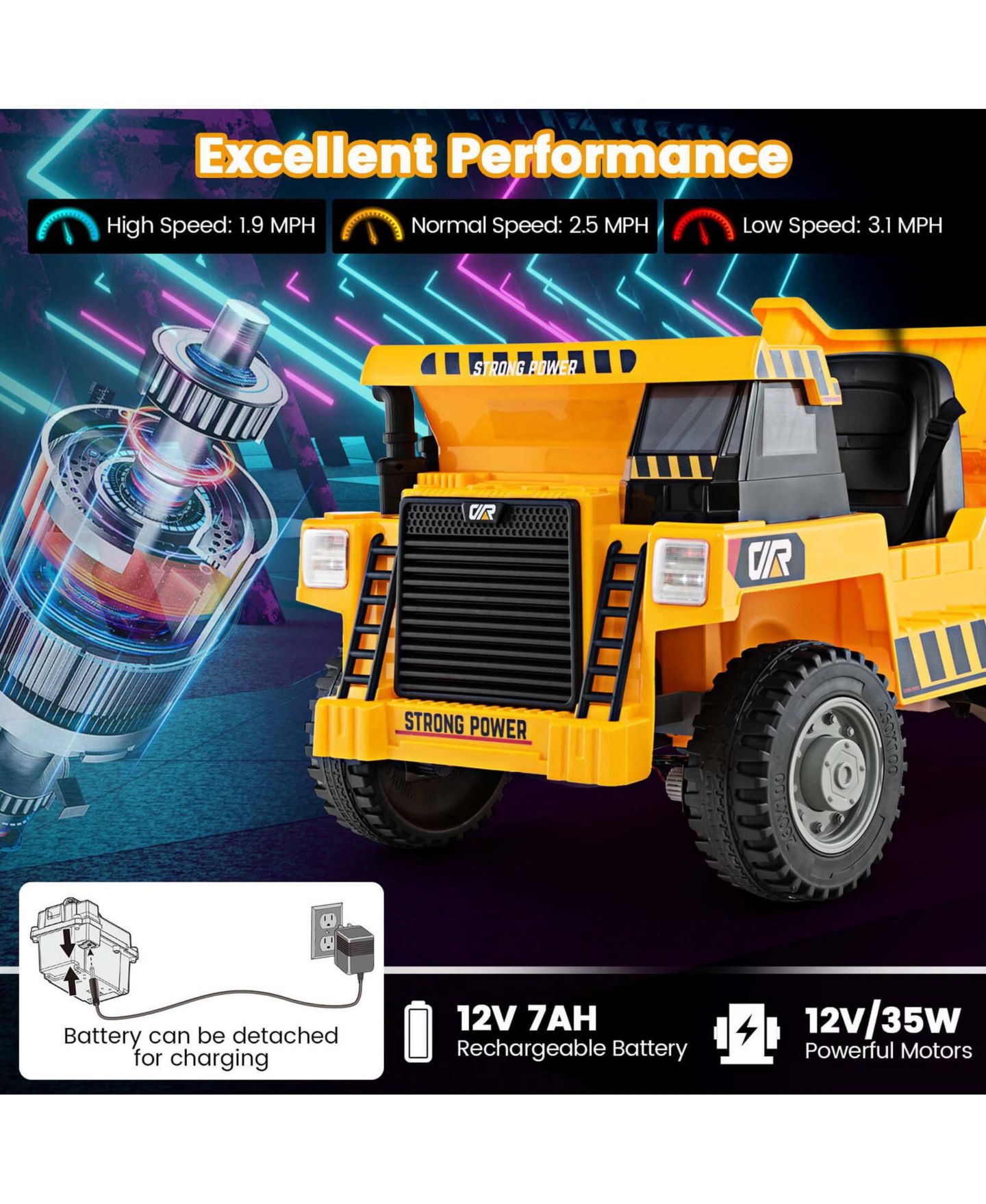 Детская игрушка Costway Ride-On Dump Truck with Remote Control and LED Lights, от 3 лет, цвет: Жёлтый — фото 8