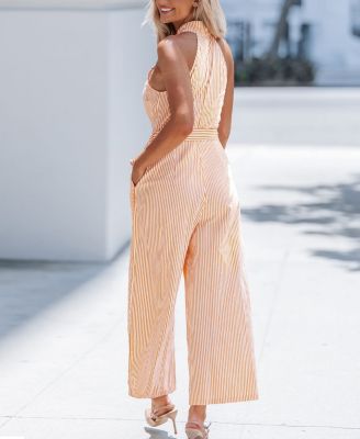 Women's Vibrant Striped Cross-Front Halter Wide Leg Jumpsuit