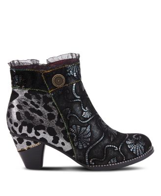 Women's Dessa French-Inspired Leather Booties with Animal Print and Metallic Suede, Ruffle Collar, Rainbow Stitching, and Cone Heel – Textured Zip-Up Statement Boot