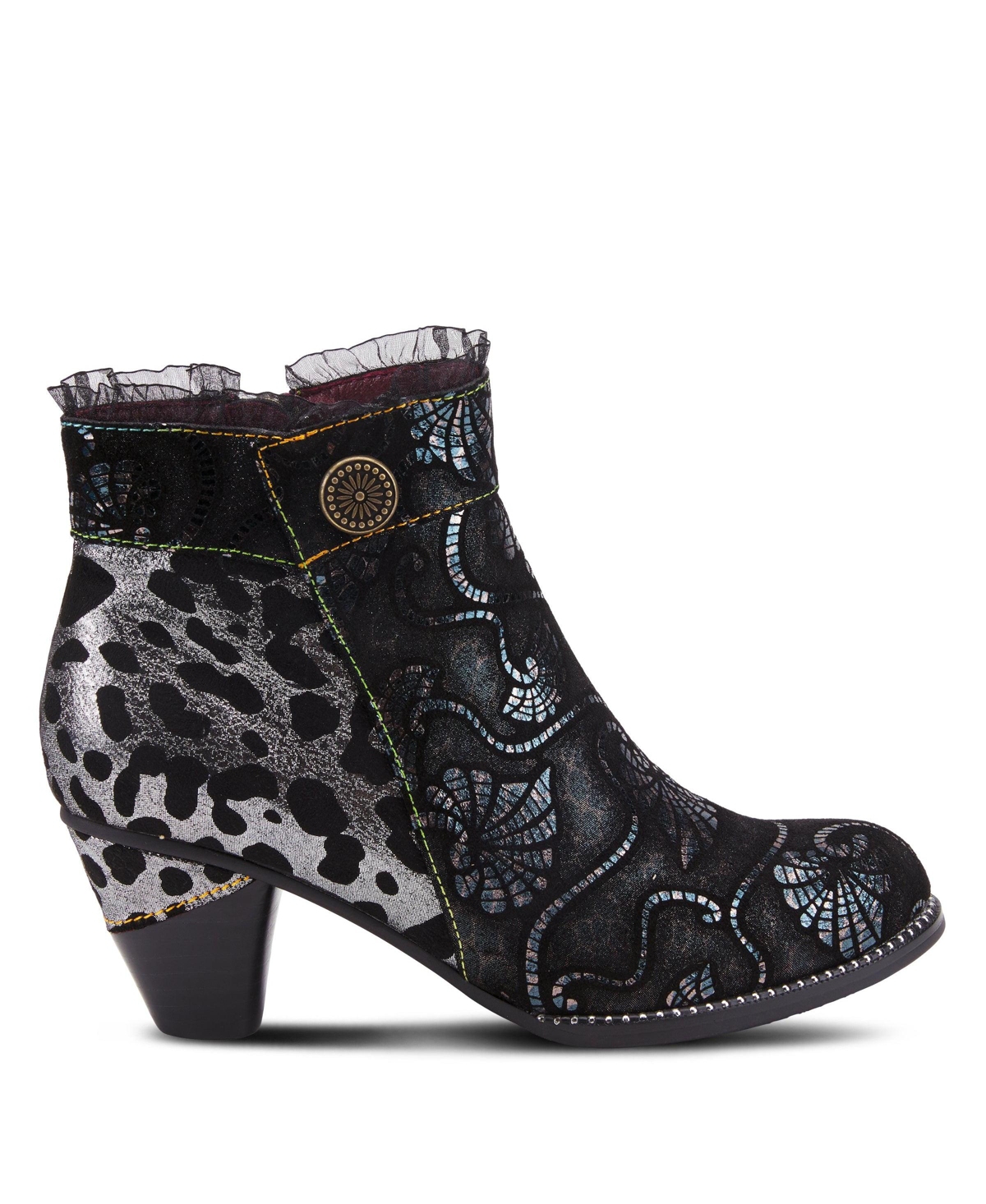 L'Artiste Women's Dessa French-Inspired Leather Booties with Animal Print and Metallic Suede, Ruffle Collar, Rainbow Stitching, Cone Heel – Textur
