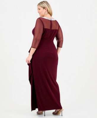 Plus Size Illusion-Trim Ruffled Gown
