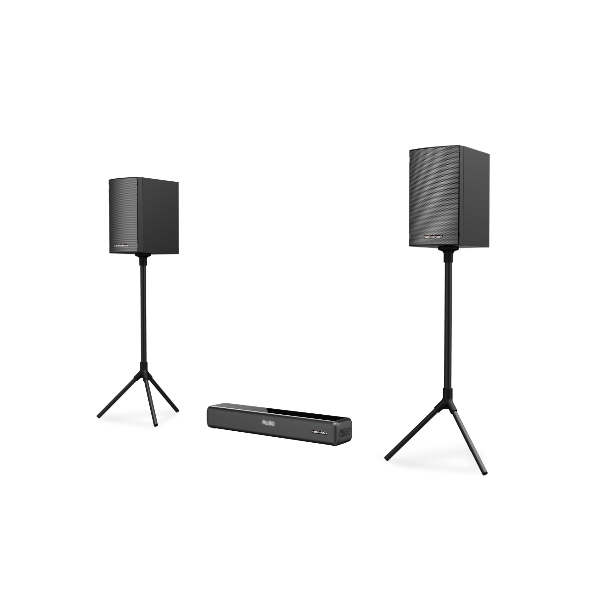 RadioShack 240W Sound System with Arc and Aux Input 1 Soundbar and 2 Subwoofers With Tripod Stands and Fm Radio 4001976