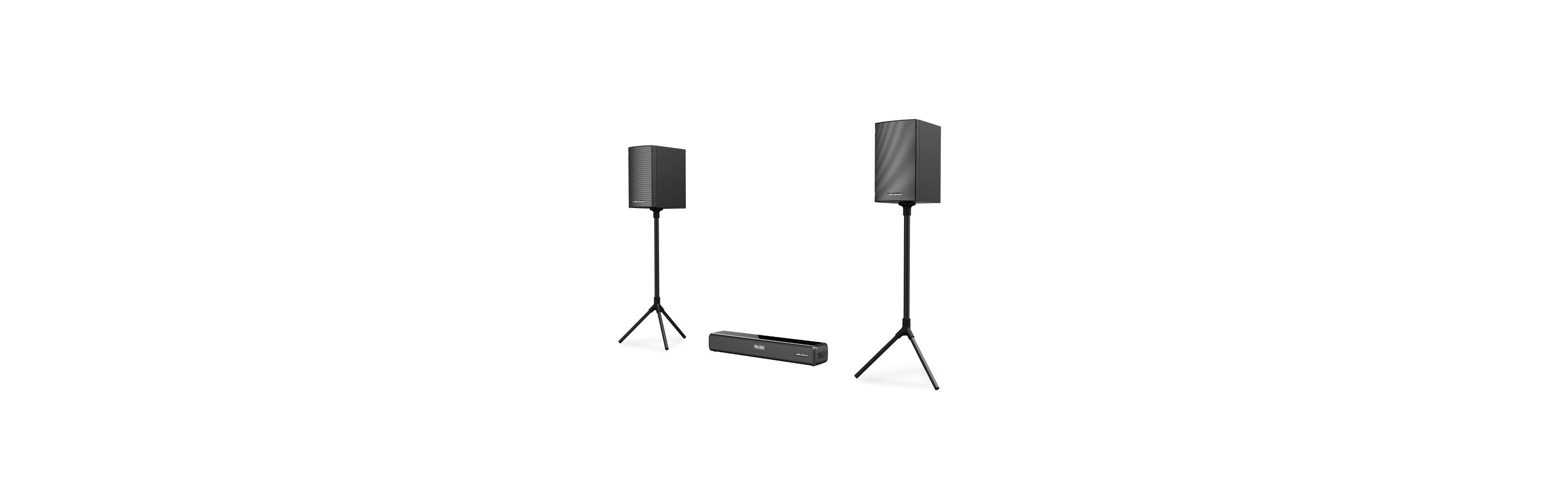 RadioShack 240W Sound System with Arc and Aux Input 1 Soundbar and 2 Subwoofers With Tripod Stands and Fm Radio 4001976