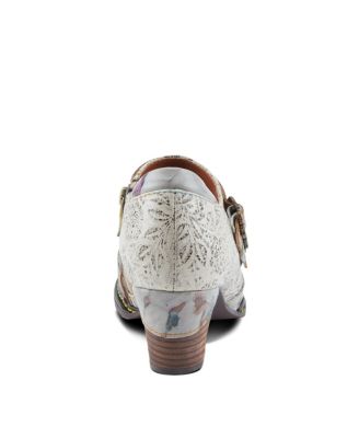 L Artiste Women s Graphic Handpainted Floral Leather Shooties with Antique Buckle and Stacked Heel