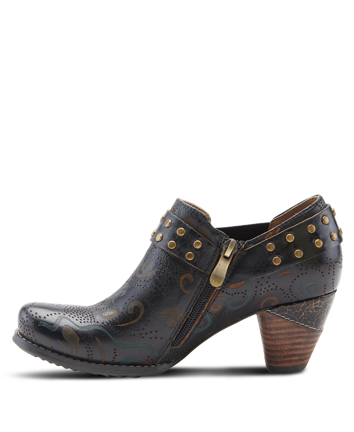 L'Artiste Women's Kacielou Western Shooties with Hand-Painted Leather, Studded Ankle Strap, Elastic Goring, and Cone Heel – Burnished Embossed Booties