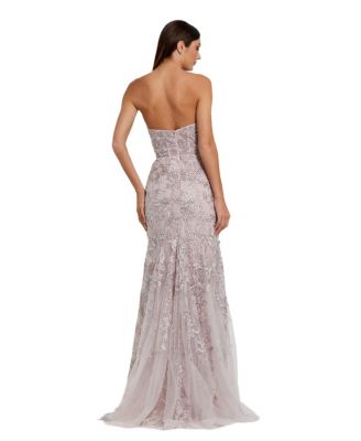 Women's Strapless Beaded Applique Mermaid Gown With Flower