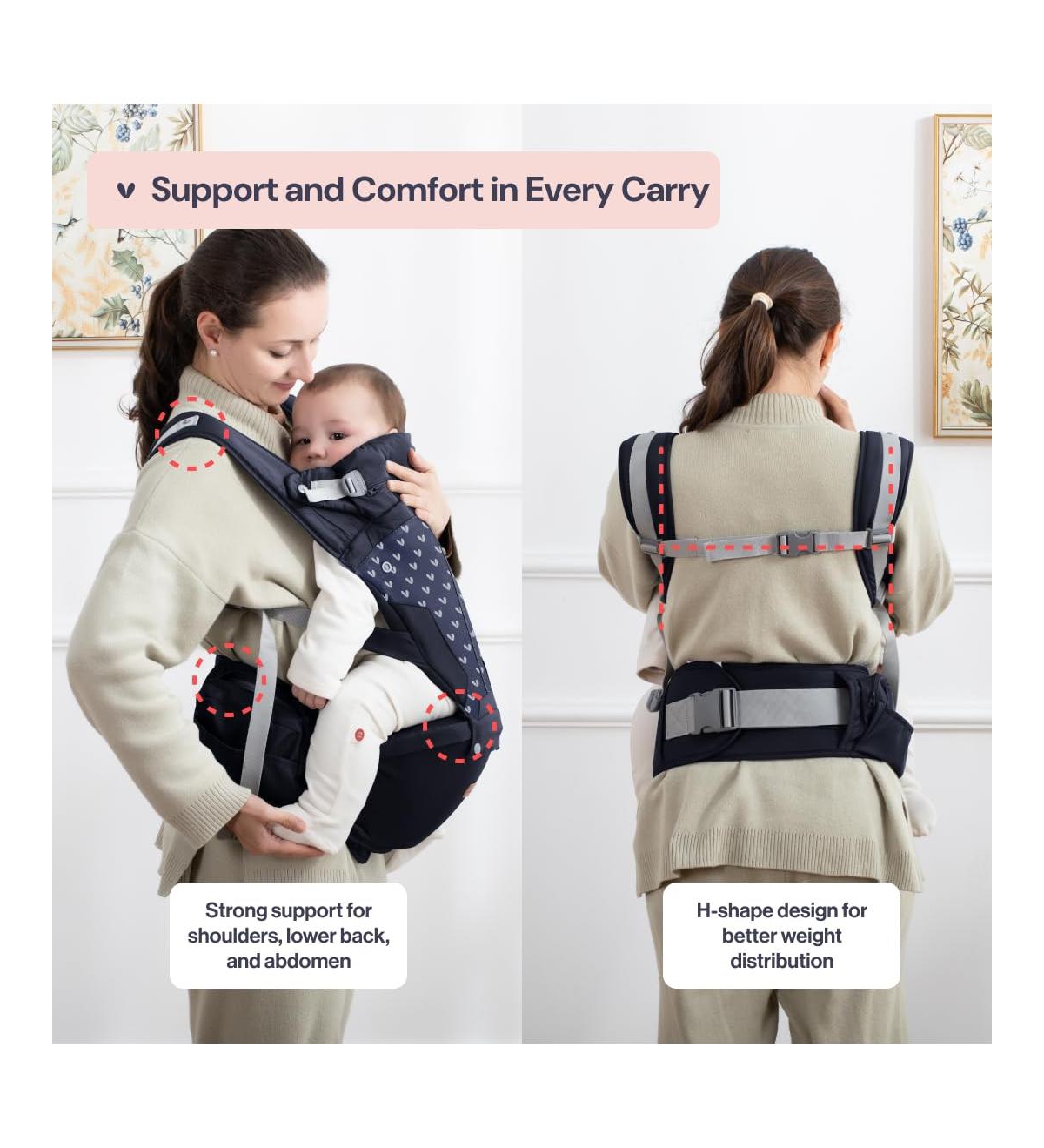BabbleRoo Kids Carrier 6-in-1 Carrier with Hip Seat, Comfy & Adjustable, Navy Hearts