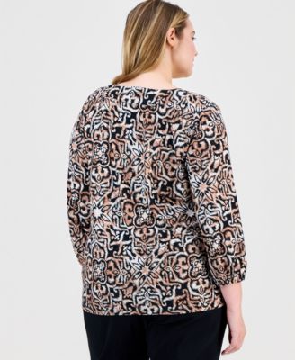 Plus Size Printed V-Neck Jacquard Top, Macy's Exclusive