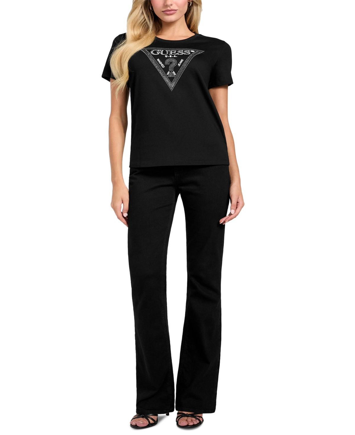 Guess Women's Embellished Triangle Short Sleeve T-shirt In Black
