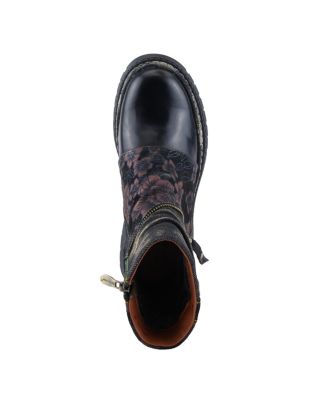 Women's Avrilrose Leather and Denim Booties with Daisy Accents, Lug Sole,Dual Zippers– Unique Mixed-Material Ankle Boots for Bold Fall Style