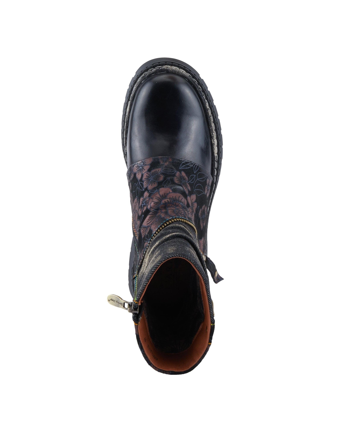 L'Artiste Women's Avrilrose Leather and Denim Booties with Daisy Accents, Lug Sole, Dual Zippers, Urban Grunge Design – Unique Mixed-Material Ankl