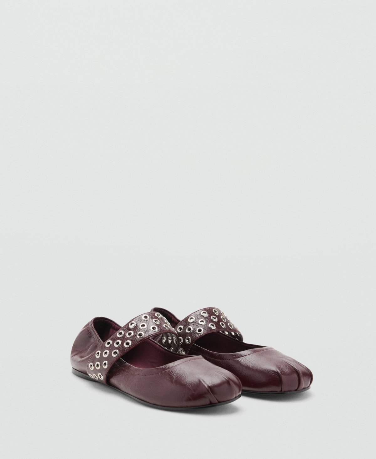 Mango Leather Grommet Strap Toe Detailing Flat Shoes In Burgundy