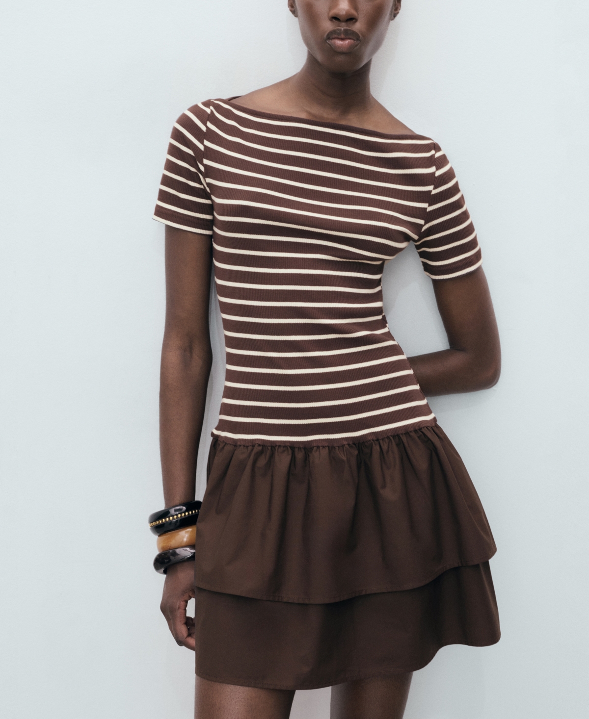 Mango Globi Stripe Layered Ruffle Dress In Brown