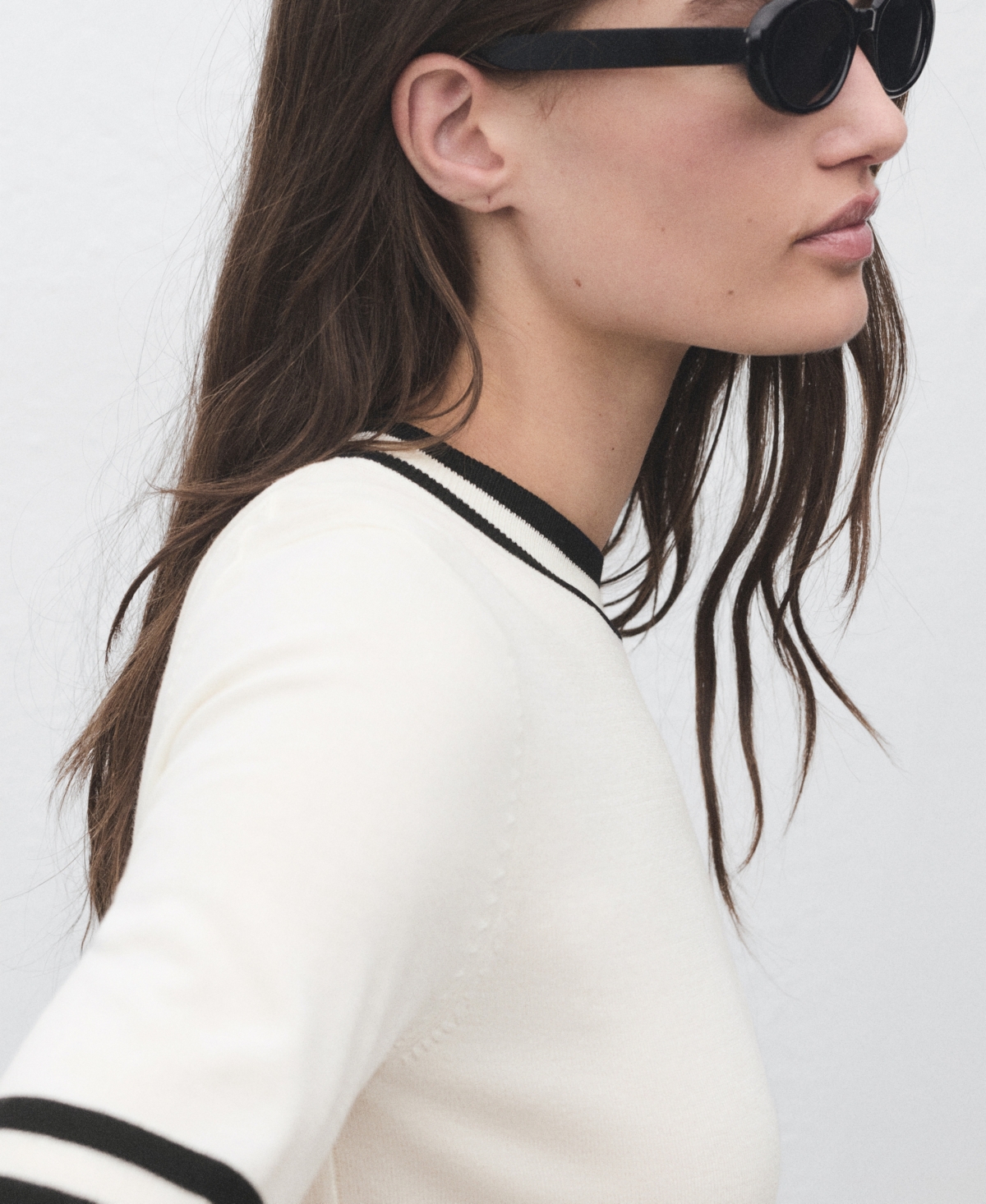 Mango Contrast Stripe Short Sleeve Sweater In White