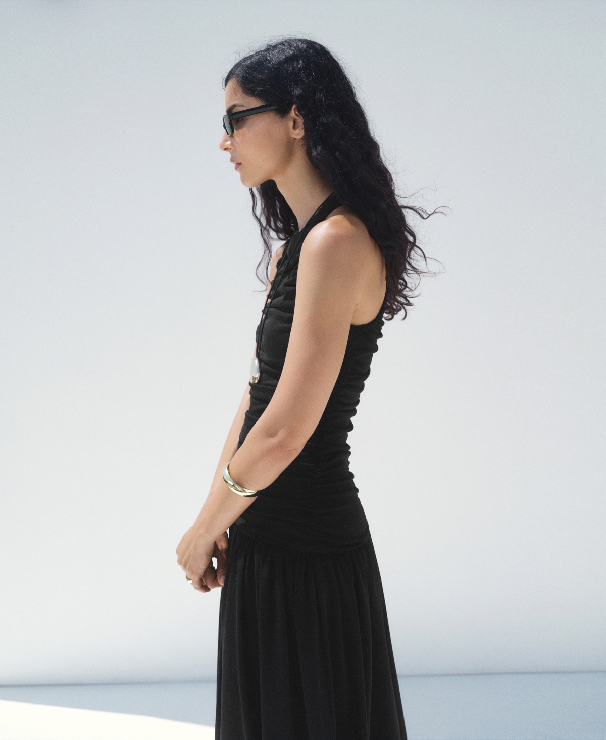 Mango Gathered Sleeveless Midi Dress In Black