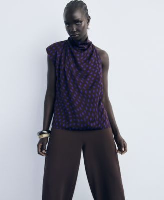 Women's Draped Collar Polka-Dot Blouse