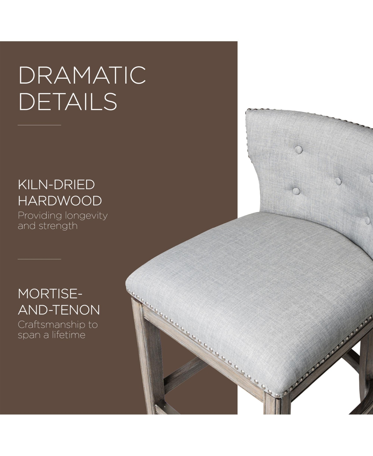 Maven Lane Hugo Bar Stool in Reclaimed Oak Finish with Ash Grey Fabric, Set of 2