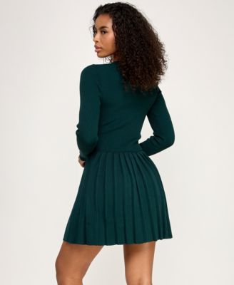 Juniors Pleated Round Neck Fit & Flare Sweater Dress