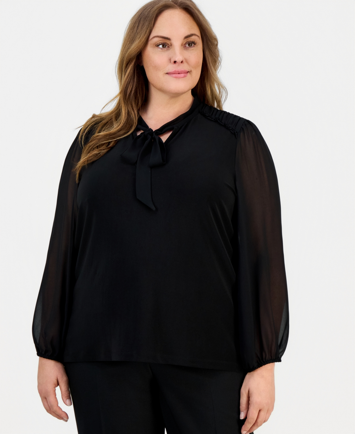 Anne Klein Plus Tie-Neck Blouson-Sleeve Top