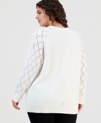 Plus Size Floral Pointelle-Sleeve Sweater