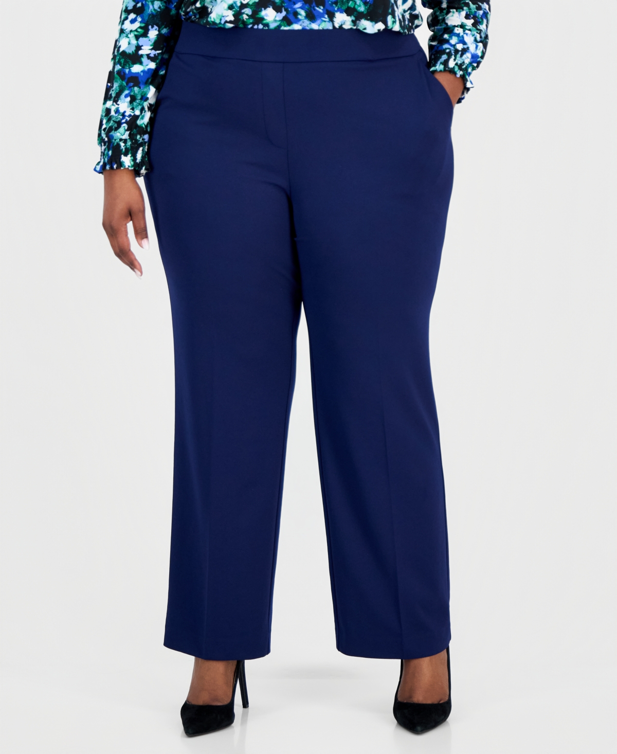 Ak Anne Klein Plus Size Mid-rise Pull-on Straight Pants In Blue