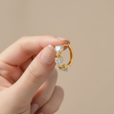 Sterling Silver 14K Gold Plated with Clear Cubic Zirconia Trio Hearts Hoop Earrings