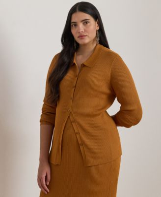 Plus Size Rib-Knit Long-Sleeve Polo Cardigan