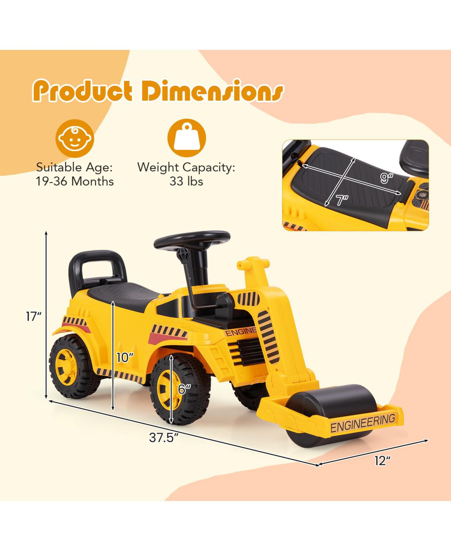 Детская игрушка Gymax Road Roller Adjustable Roller Steering Wheel with Engine Sound Ride-On, 33 lbs Capacity, Ages 19-36 Months, цвет: Жёлтый — фото 3