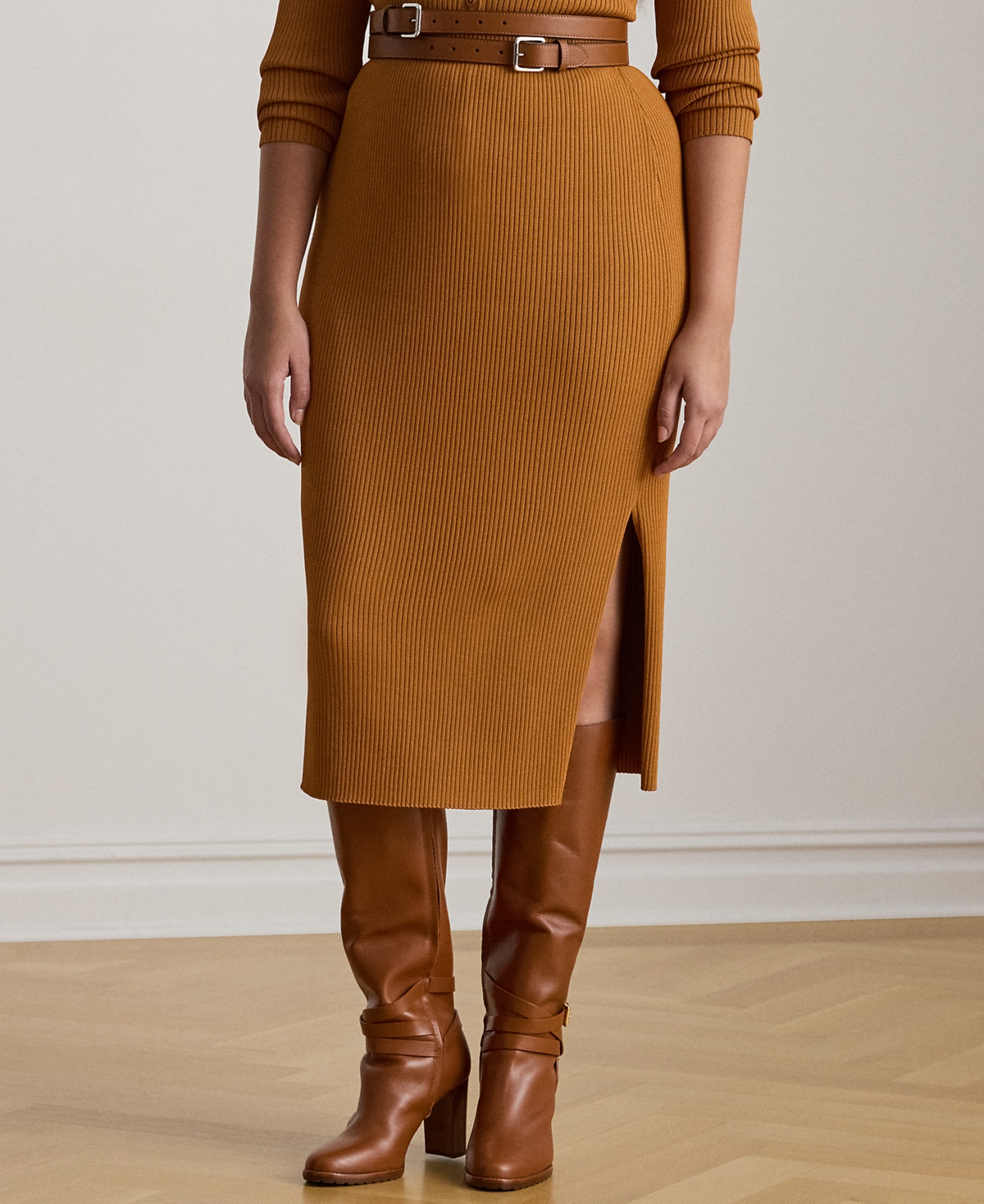 Ralph Lauren Plus Size Rib-knit Pencil Midi Skirt In Brown