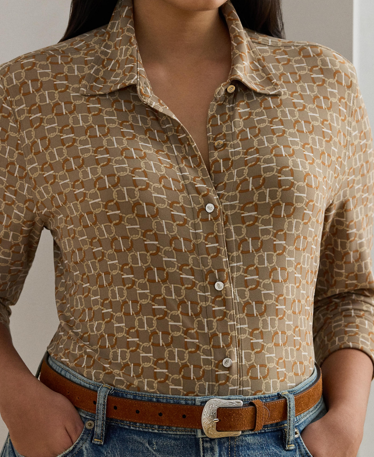 Ralph Lauren Plus Size Slim Fit Geo-print Jersey Shirt In Multi