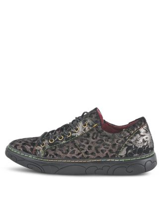 L Artiste Women s DANLI-CHEETA Hand Painted Leather Platform Sneakers with Metallic Floral Accents and Removable Insole