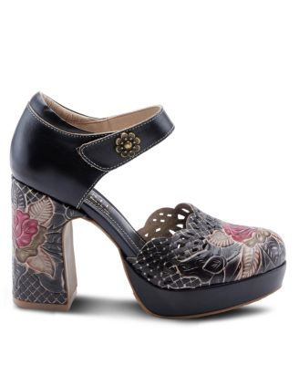 Women's Debbihary Hand-Painted Leather Mary Jane Pumps with Rose Embossing, Cutouts, Adjustable Strap, and 4-Inch Leather-Wrapped Heel