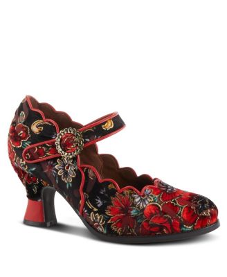 Women's Adodora Floral Tapestry Mary Jane Heels with Hook-and-Loop Strap, Cushioned Insole, and Flexible Sole