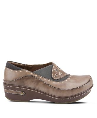 L Artiste Women s BURBANK Hand-Painted Leather Clogs with Floral Embossing and Elastic Insets