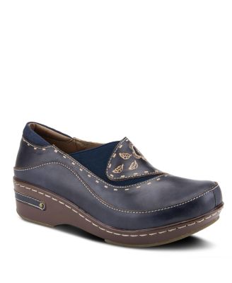 L Artiste Women s BURBANK Hand-Painted Leather Clogs with Floral Embossing and Elastic Insets