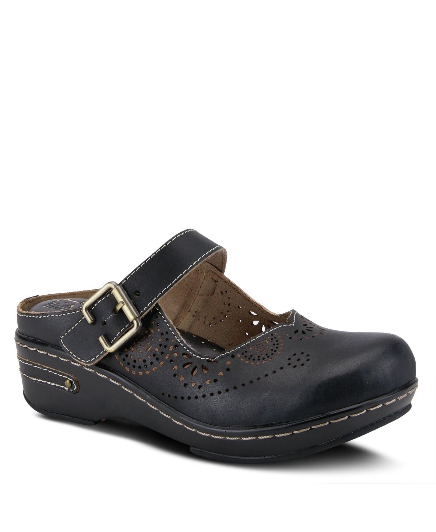 Женские сабо L'Artiste L Artiste Women s Aneria Hand-Painted Leather Clogs with Floral Laser Cutouts, Adjustable Buckle & Contrast Stitching, цвет: Чёрный — фото 1