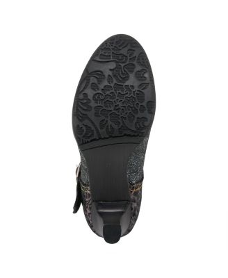 Women s Mazie Closed-Toe T-Strap Heels in Floral Metallic and Mosaic Leather with Decorative Buckle and Stacked Heel