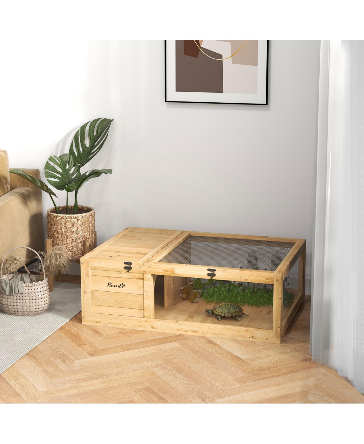PawHut Wooden Tortoise House Turtle Habitat Enclosure Outdoor Reptile Cage
