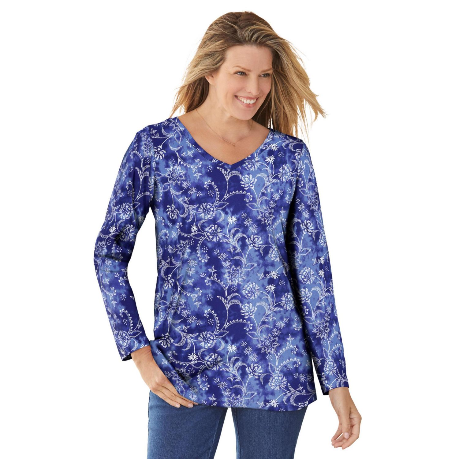 Plus Size Perfect Printed Long-Sleeve V-Neck Tee