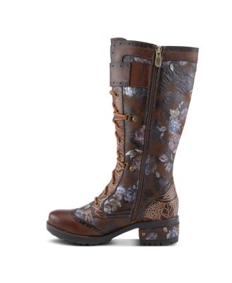 Women's Kisha-Boss Tall Leather Combo Boots with Lace-Up Front, Inside Zipper, Stretch Strap, and Lug Sole