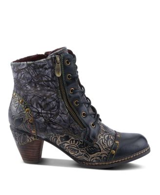 Women's Avyanna Velvet and Leather Ankle Boots with Embossed Floral Design, Cap Toe, Dual Zippers, and Low Heel