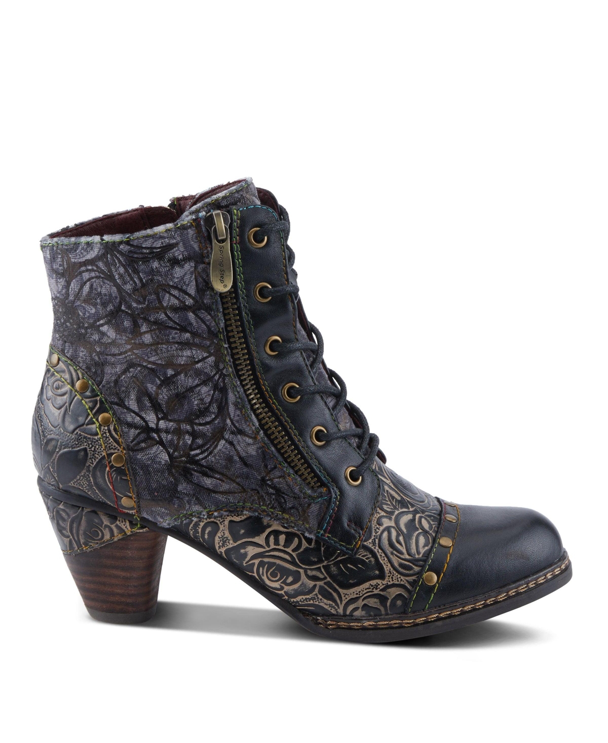 L'Artiste Women's Avyanna Velvet and Leather Ankle Boots with Embossed Floral Design, Cap Toe, Dual Zippers, Low Heel – Romantic Hand-Painted Stat