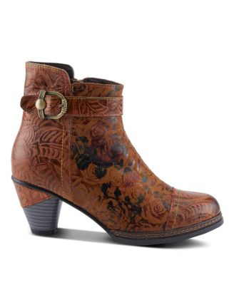 Women's Antilles Floral Embossed Suede Ankle Booties with Vintage Buckle Detail, Inside Zipper, Low Heel, Faux Fur Lining